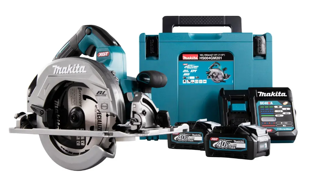 Sierra Circular 190/185mm (7-1/2" / 7-1/4") 6.000 rpm. (0°:62.5mm/60mm, 45°:44.5mm /43mm, 48°:42mm /41mm) 4,5kg. compatible con regla de SP6000 / Batería BL4040 (4.0Ah) x 2, Cargador DC40RC, XGT 40Vmax BL Motor ADT Freno XPT