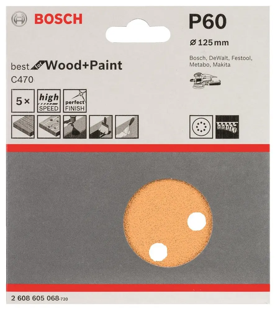 Disco de lijado C470 - G60 - 125mm (5 piezas) Bosch 605068
