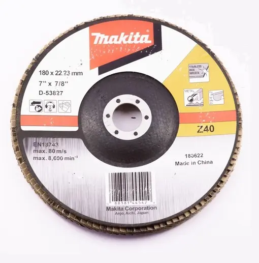 Tapa disco 180 x 22,23 mm GR 40 Zircón / Metal y Acero inox. Ángulo Makita D-53827