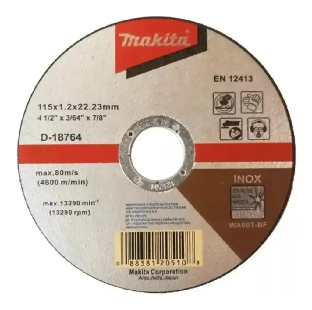Disco Abrasivo Corte Acero INOX 115x,12x22,23mm WA60T MAKITA D-18764