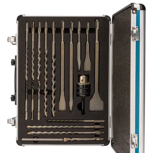 [D-71196] Set 18 Unidades (2 PUNTOS 3 CINCELES 12 BROCAS.MANDRIL 13MM + ADAPT.C/LLAVE) CAJ